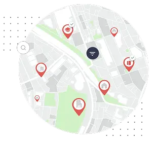 Mapa zobrazující lokality nemovitostí s piny